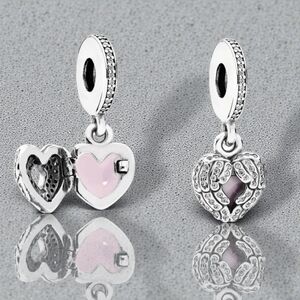 PANDORA Sterling Silver Angel Wings Heart Pink Enamel & CZ Locket Dangle Charm